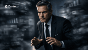 Executivo tenso em ambiente corporativo desfocado, postura defensiva sugerindo ataque invisível à marca, representando risco reputacional e as consequências de comprar brigas desnecessárias.