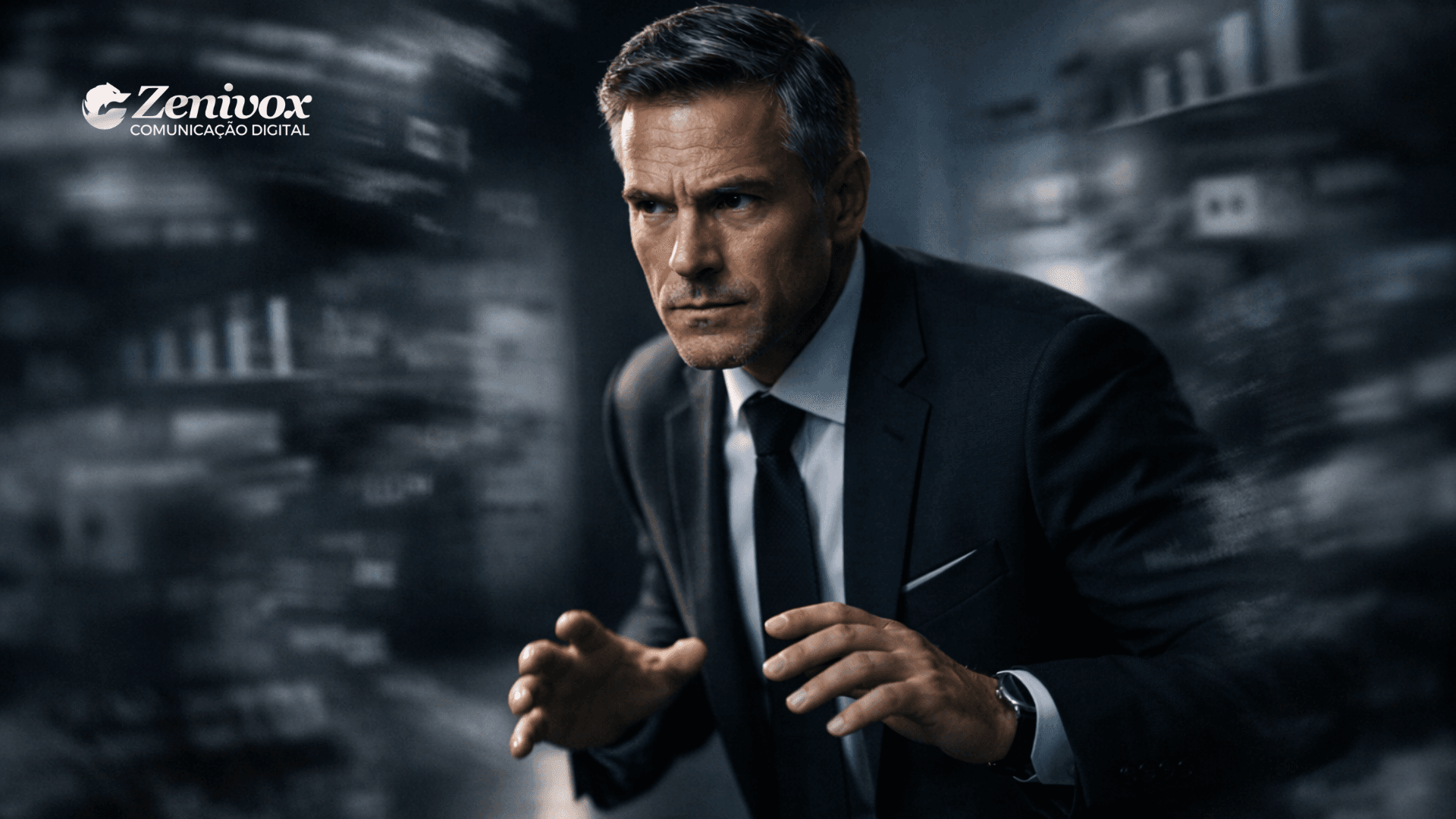 Executivo tenso em ambiente corporativo desfocado, postura defensiva sugerindo ataque invisível à marca, representando risco reputacional e as consequências de comprar brigas desnecessárias.