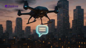 Drone carregando ícone luminoso de mensagem sobre a cidade ao anoitecer, simbolizando vendas ativas e comunicação direta para destravar negociações.