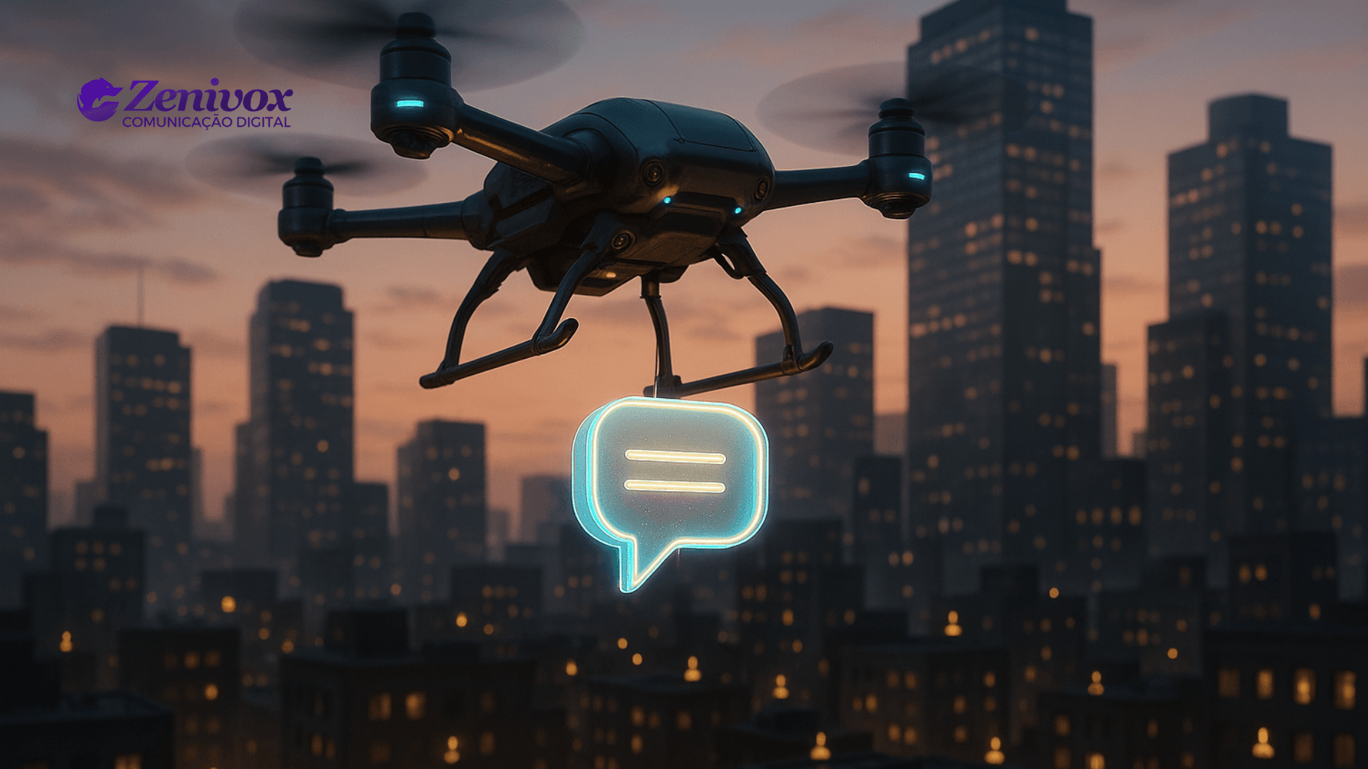 Drone carregando ícone luminoso de mensagem sobre a cidade ao anoitecer, simbolizando vendas ativas e comunicação direta para destravar negociações.