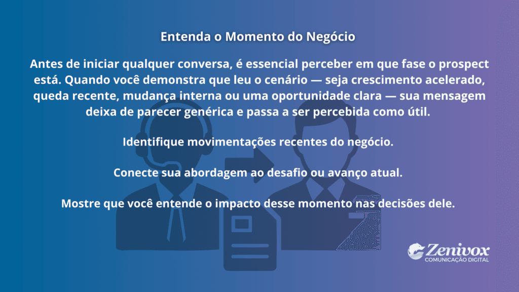 Card explicativo mostrando orientação de vendas ativas, enfatizando que a abordagem deve começar com contexto e não com cumprimento.