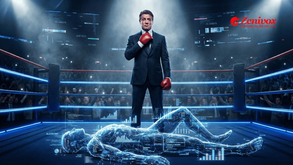 Rocky usando luvas de boxe em um ringue, vitorioso sobre uma figura digital caída representando o algoritmo. A cena dramatiza o conceito Rocky Balboa como metáfora de resistência e disciplina na construção de uma estratégia de conteúdo que vence o algoritmo.