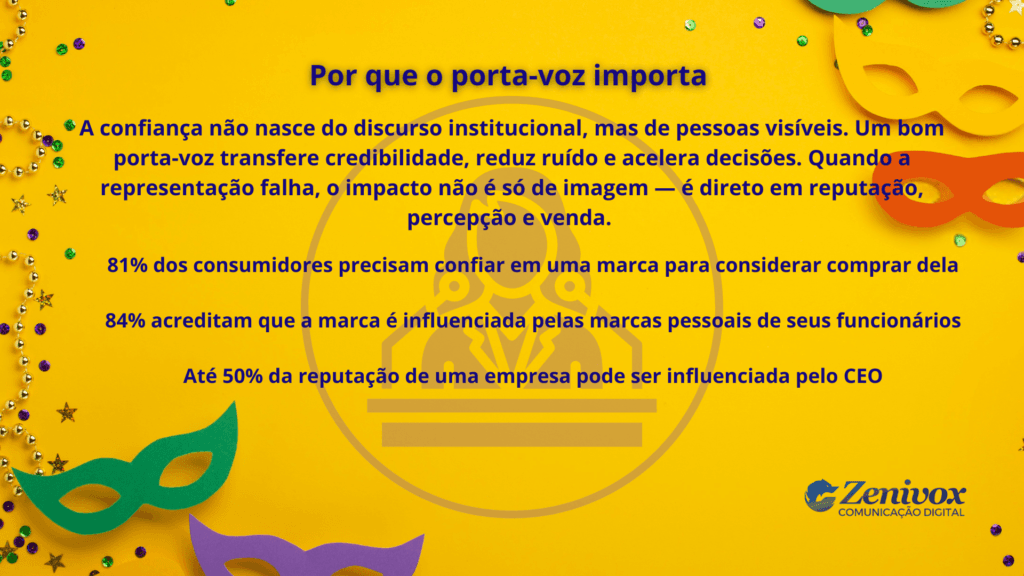 Card informativo mostrando por que o porta-voz é essencial para uma empresa, destacando confiança, reputação e impacto direto na decisão de compra.
