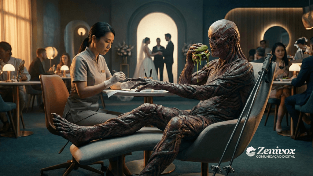 Cena surreal de marketing gastronômico mostrando uma manicure atendendo uma criatura fantástica enquanto ela come um hambúrguer verde, simbolizando ações criativas e inesperadas na experiência gastronômica.