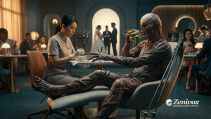 Cena surreal de marketing gastronômico mostrando uma manicure atendendo uma criatura fantástica enquanto ela come um hambúrguer verde, simbolizando ações criativas e inesperadas na experiência gastronômica.