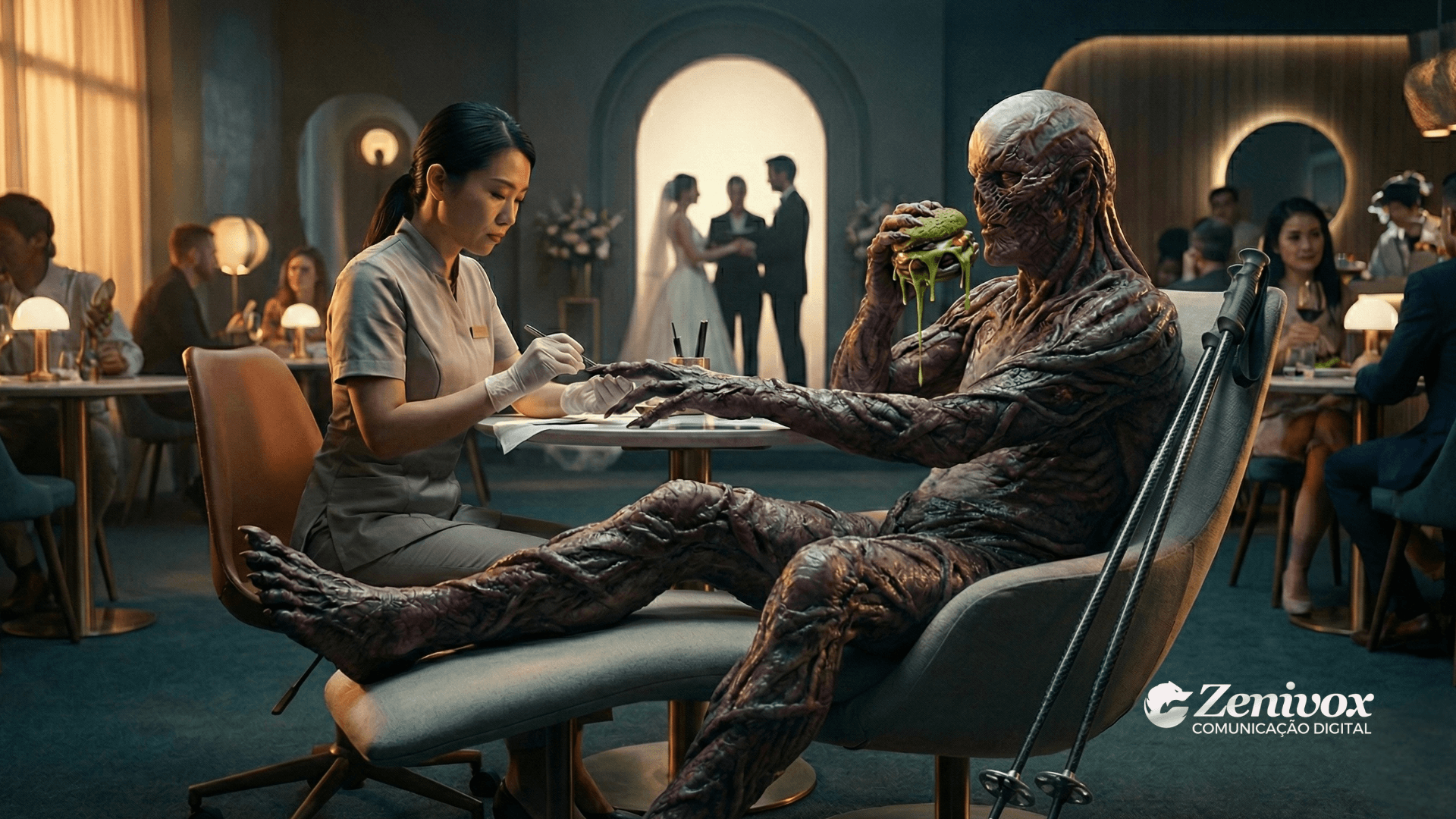 Cena surreal de marketing gastronômico mostrando uma manicure atendendo uma criatura fantástica enquanto ela come um hambúrguer verde, simbolizando ações criativas e inesperadas na experiência gastronômica.