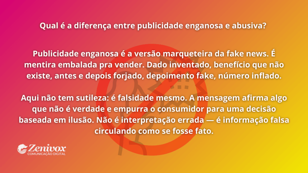 Card educativo explicando a diferença entre publicidade enganosa e publicidade abusiva, com texto direto sobre promessas falsas, manipulação do consumidor e limites éticos da comunicação de marketing.