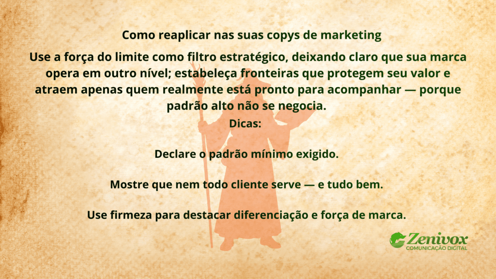 Imagem inspirada na frase “Você não vai passar!”, de Gandalf, aplicada ao contexto de textos fortes, destacando como limites firmes elevam autoridade, criam fronteiras estratégicas e reforçam posicionamento premium no marketing.