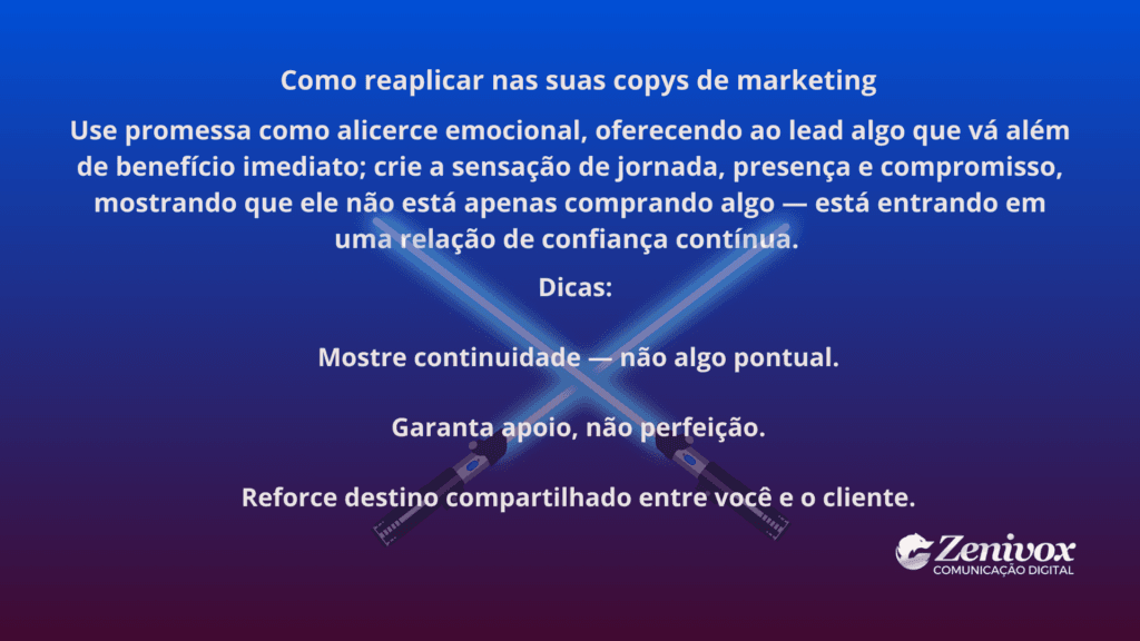 Arte inspirada na frase “Que a Força esteja com você.” aplicada ao conceito de copys poderosas, mostrando como promessas de apoio, continuidade e presença fortalecem vínculo emocional e aumentam confiança no marketing.