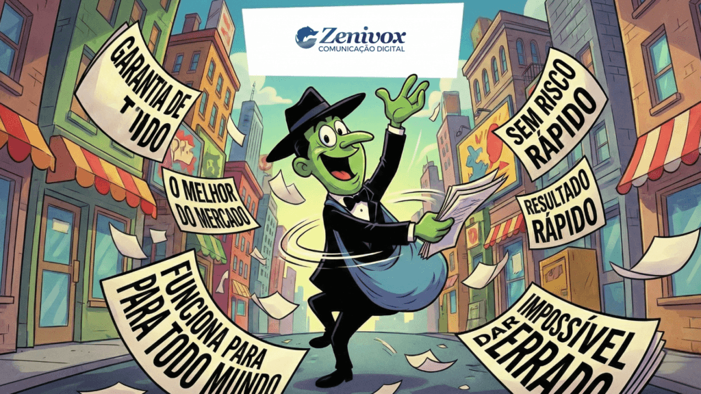 Ilustração satírica sobre publicidade abusiva, mostrando um personagem espalhando promessas enganosas como “garantia de tudo”, “resultado rápido” e “sem risco”, simbolizando práticas de marketing exageradas e riscos de comunicação irresponsável para marcas.