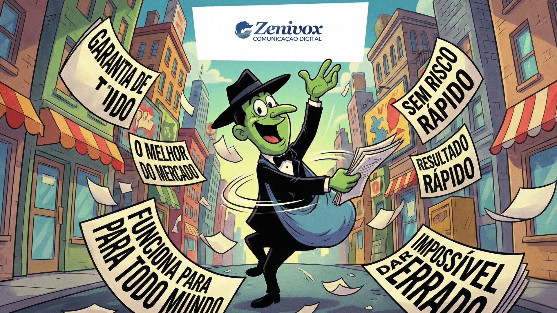 Ilustração satírica sobre publicidade abusiva, mostrando um personagem espalhando promessas enganosas como “garantia de tudo”, “resultado rápido” e “sem risco”, simbolizando práticas de marketing exageradas e riscos de comunicação irresponsável para marcas.