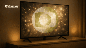 Televisão exibindo visual dourado e o símbolo da Globo em destaque, remetendo a grandes campanhas de fim de ano. A imagem representa o poder do Marketing Institucional para reforçar marca, emoção e presença cultural.