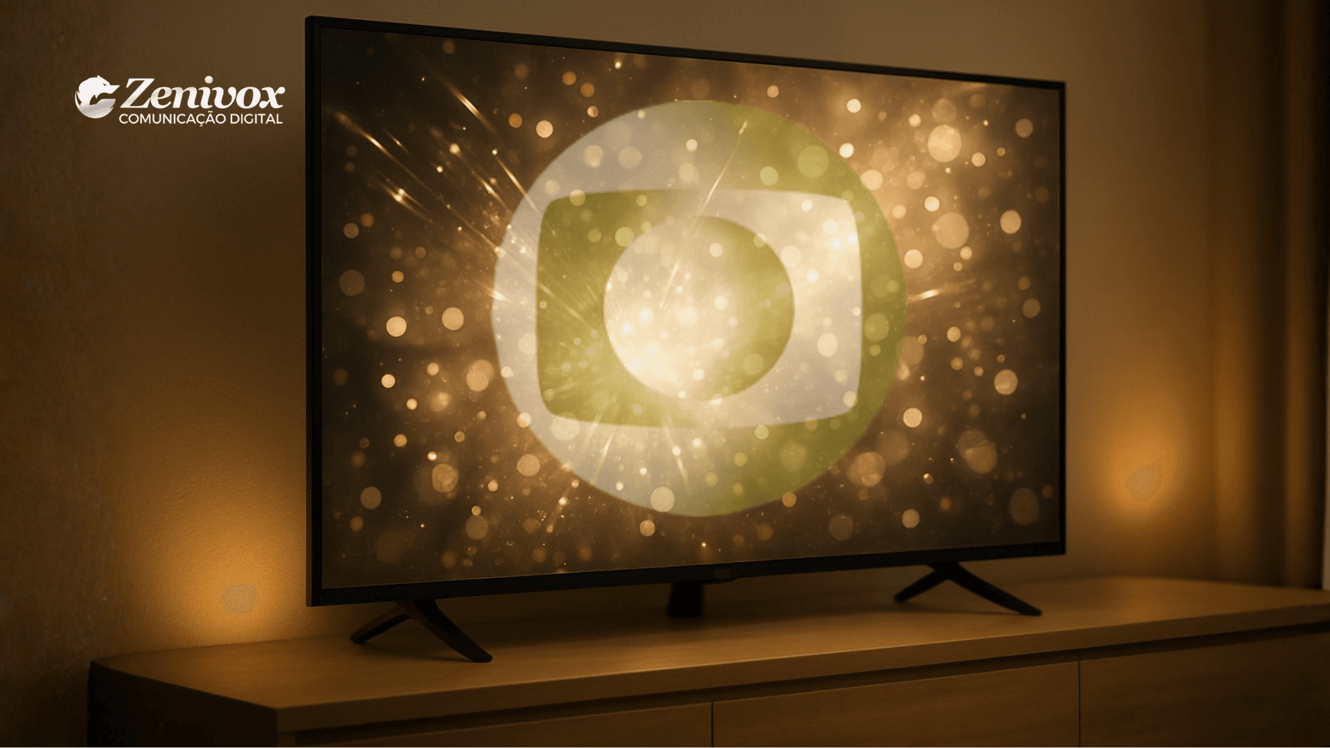 Televisão exibindo visual dourado e o símbolo da Globo em destaque, remetendo a grandes campanhas de fim de ano. A imagem representa o poder do Marketing Institucional para reforçar marca, emoção e presença cultural.