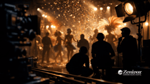 Equipe de filmagem registra um espetáculo de Carnaval com dançarinos e confetes, representando a produção de campanhas icônicas de marcas brasileiras durante o Carnaval.