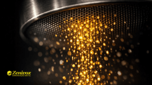 Peneira metálica filtrando partículas douradas em meio à escuridão, simbolizando arquétipo de marca como processo de seleção estratégica para se aproximar mais dos clientes e gerar valor real.