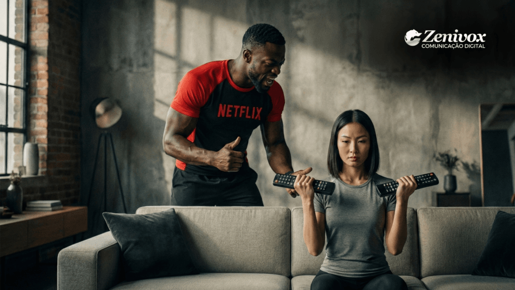 Comportamento do consumidor digital sendo moldado pela Netflix, representado por um treinador incentivando uma espectadora a transformar o hábito de assistir em um treino disciplinado de consumo de conteúdo.