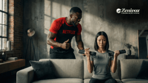 Comportamento do consumidor digital sendo moldado pela Netflix, representado por um treinador incentivando uma espectadora a transformar o hábito de assistir em um treino disciplinado de consumo de conteúdo.