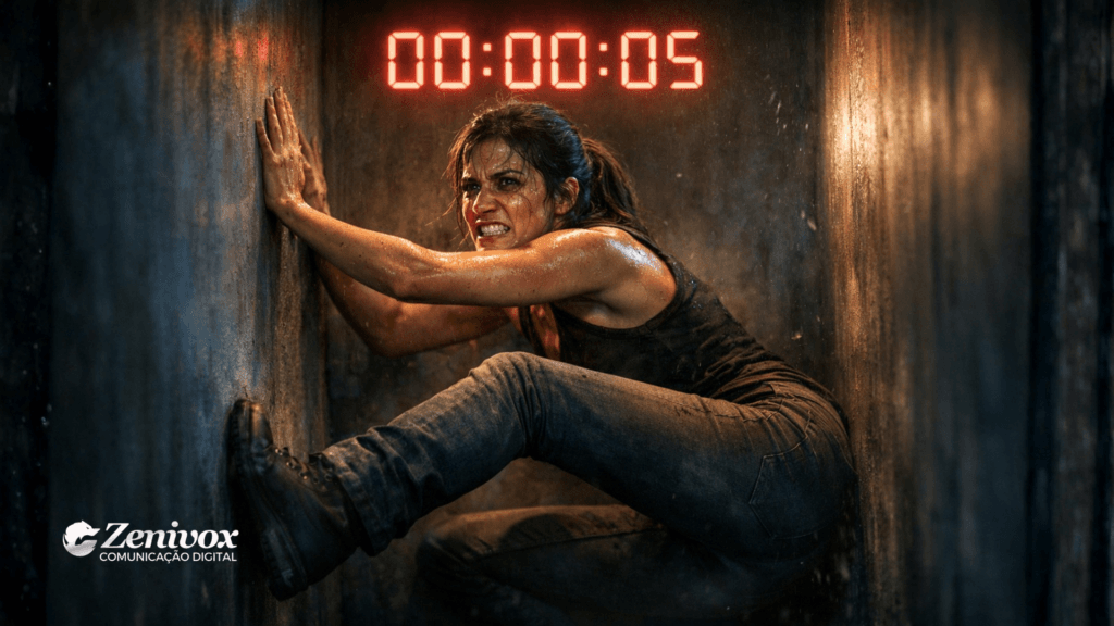 Mulher em desespero tentando impedir duas paredes de se fecharem enquanto um contador regressivo marca os últimos segundos, representando o FOMO gerado por edições limitadas e pressão do tempo no marketing.