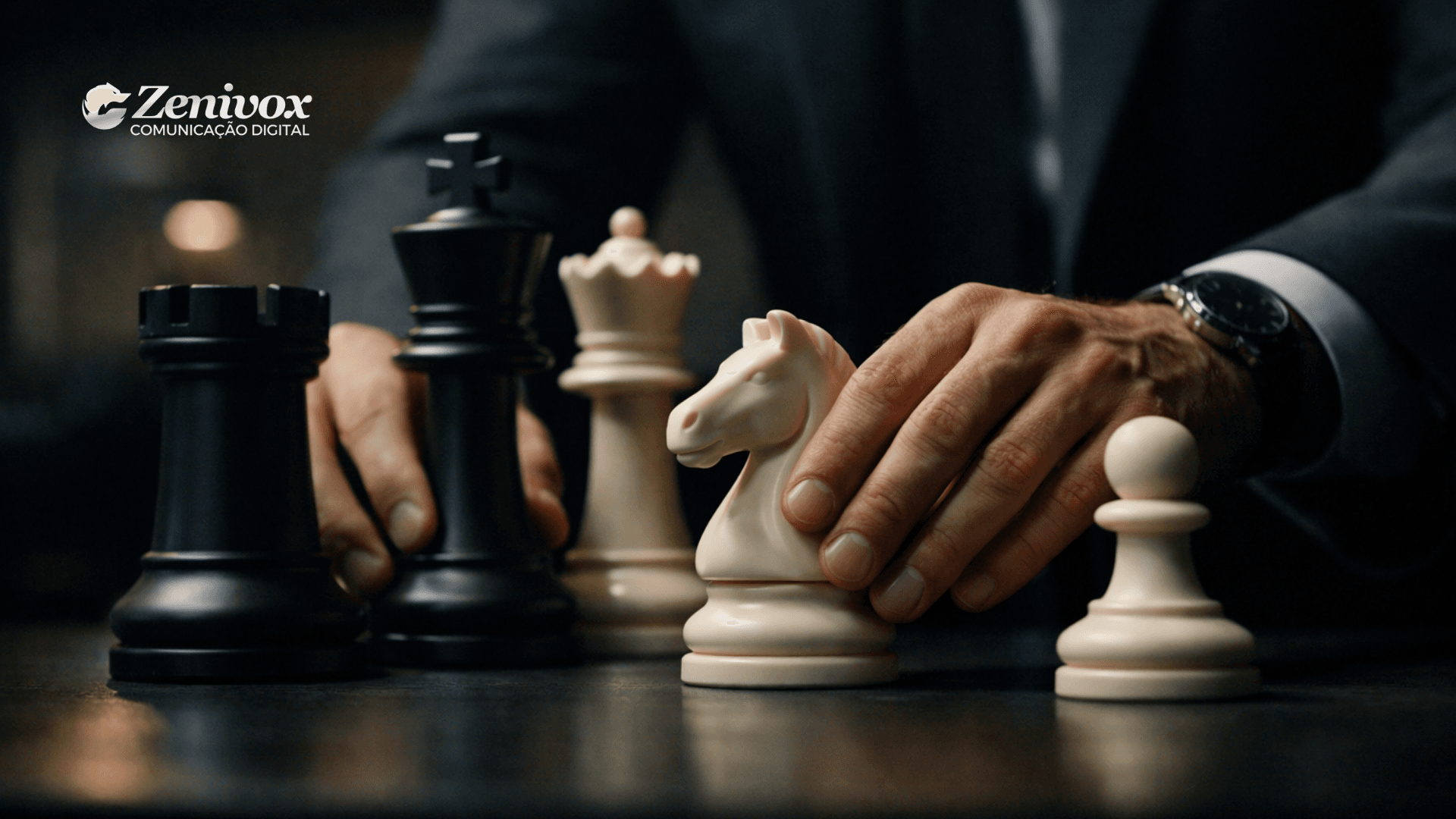 Mãos posicionando peças de xadrez em uma jogada estratégica, representando habilidades de negociação aplicadas para conquistar fornecedores com preparo, visão e tomada de decisão.
