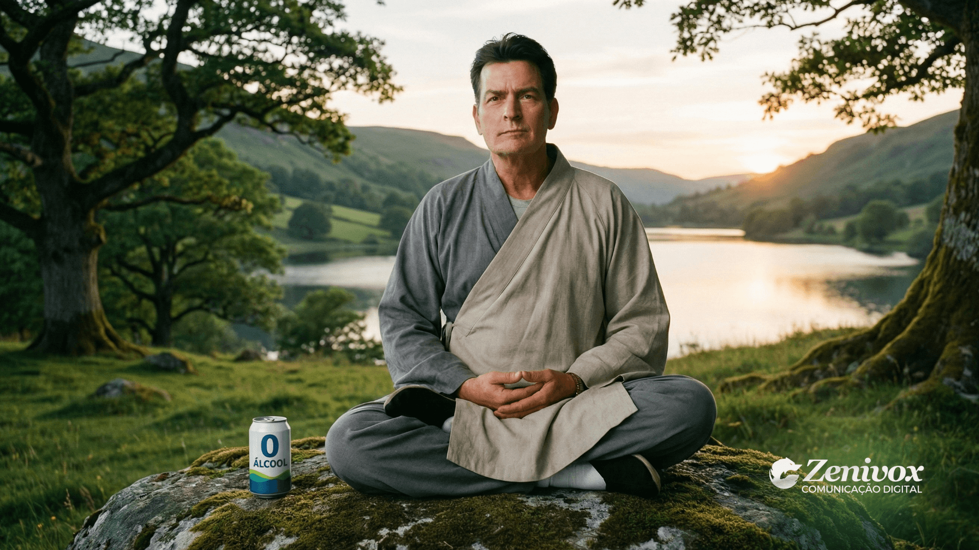 Charlie Sheen em postura meditativa ao ar livre, simbolizando virada de imagem e reposicionamento de marca como exemplo de posicionamento de marketing baseado em narrativa real e transformação pessoal.
