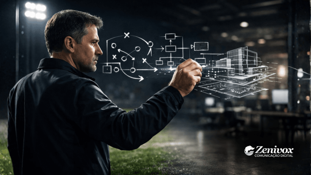 Bom líder representado por um técnico de futebol desenhando estratégias e decisões em tempo real, mostrando como visão, planejamento e leitura de jogo definem a liderança de alto desempenho.