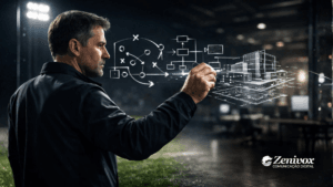 Bom líder representado por um técnico de futebol desenhando estratégias e decisões em tempo real, mostrando como visão, planejamento e leitura de jogo definem a liderança de alto desempenho.