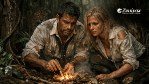 Casal tentando sobreviver na floresta simbolizando os desafios do empreendedorismo por necessidade, onde decisões são tomadas sob pressão, escassez de recursos e risco constante.