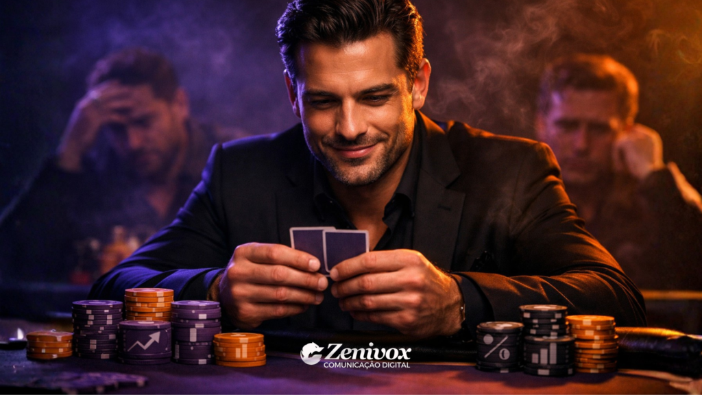 Homem confiante jogando pôquer, analisando cartas e fichas com gráficos de lucro e porcentagem, representando estratégia de preço inteligente baseada em valor, decisão e posicionamento estratégico.