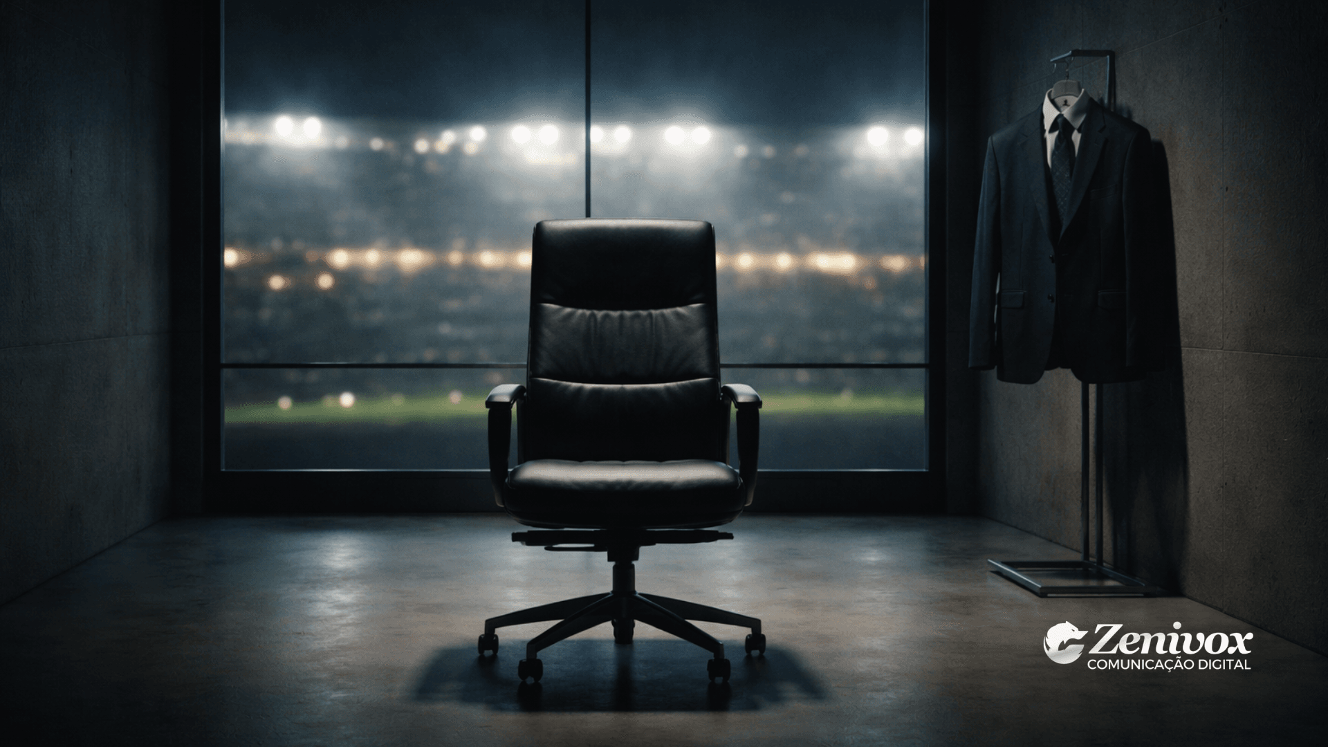 Cadeira de executivo vazia em ambiente corporativo com estádio iluminado ao fundo, representação simbólica da gestão esportiva moderna, liderança estratégica e tomada de decisão fora dos holofotes.