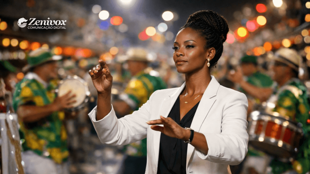 Mulher executiva conduzindo simbolicamente um desfile de Carnaval como maestrina, representando a liderança liberal em ação, com autonomia, direção clara e coordenação em meio a um ambiente intenso e descentralizado.