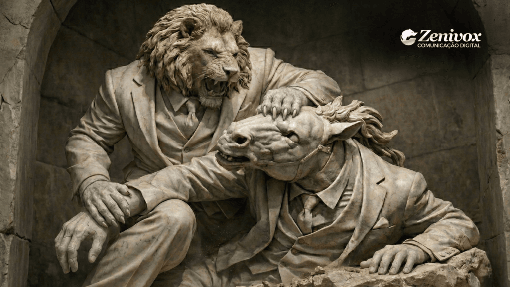 Escultura conceitual de um leão dominando um cavalo, simbolizando vantagem competitiva sustentável, força estratégica, liderança e superioridade construída no longo prazo nos negócios.