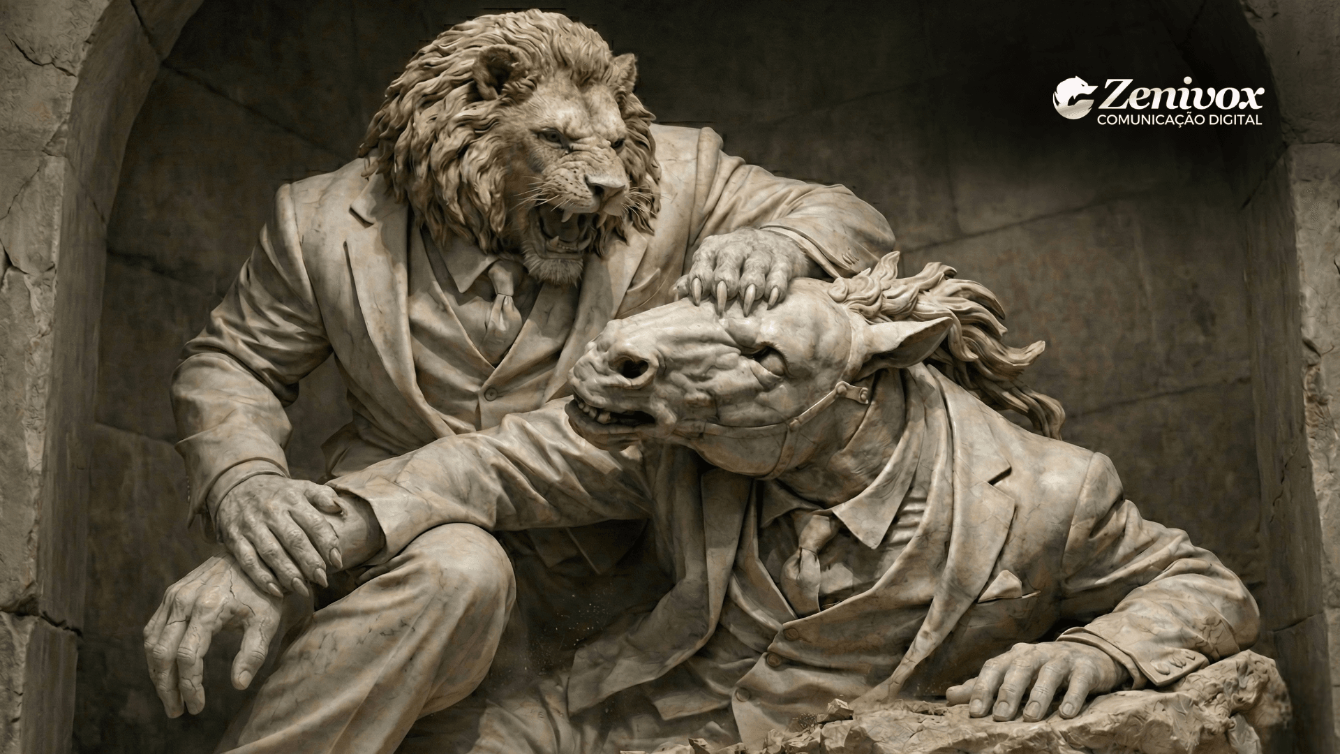 Escultura conceitual de um leão dominando um cavalo, simbolizando vantagem competitiva sustentável, força estratégica, liderança e superioridade construída no longo prazo nos negócios.