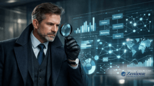 Executivo analisando dados estratégicos com lupa em painel digital, representando vendas corporativas baseadas no método SPIN Selling para decisões B2B mais inteligentes.