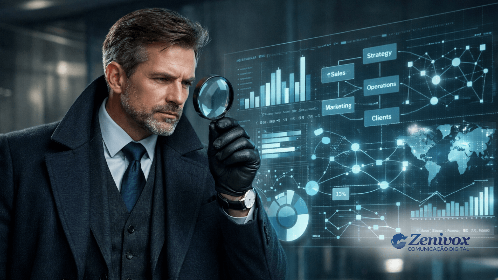 Executivo analisando dados estratégicos com lupa em painel digital, representando vendas corporativas baseadas no método SPIN Selling para decisões B2B mais inteligentes.