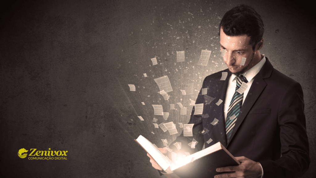 Empresário lendo livros de empreendedorismo, simbolizando aprendizado estratégico, tomada de decisão e evolução nos negócios