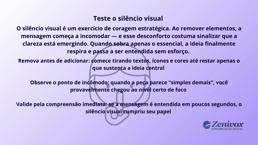 Arte conceitual sobre silêncio visual aplicada à estética, mostrando como remover excessos fortalece a clareza da mensagem e aumenta o foco na ideia central.