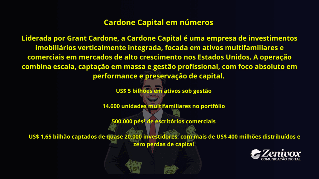 Grant Cardone apresentado com dados de escala e performance da Cardone Capital, ilustrando mentalidade de crescimento, autoridade empresarial e aplicação estratégica de vendas e investimentos liderados por Grant Cardone.