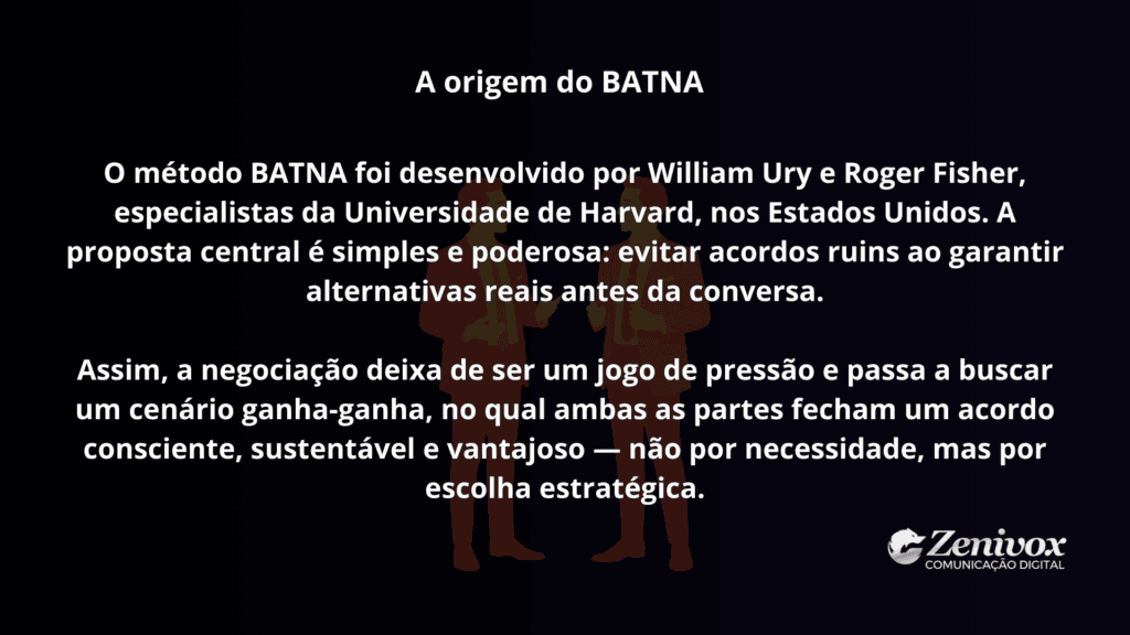 Slide explicativo sobre habilidades de negociação, destacando a origem do método BATNA e como a preparação estratégica antes da conversa fortalece acordos conscientes e vantajosos.