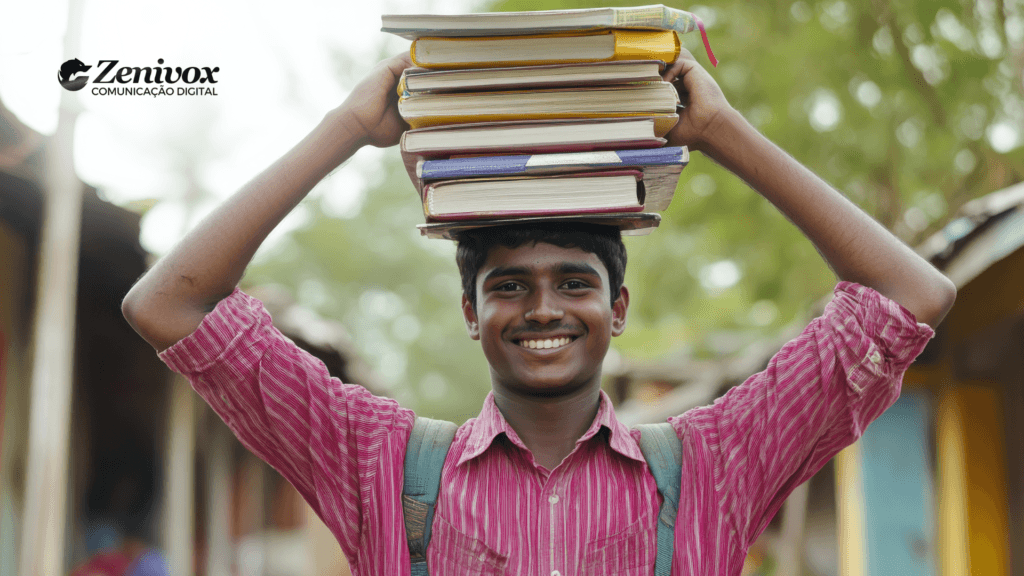 Jovem sorrindo carregando livros de empreendedorismo, representando aprendizado prático, educação financeira e desenvolvimento empreendedor