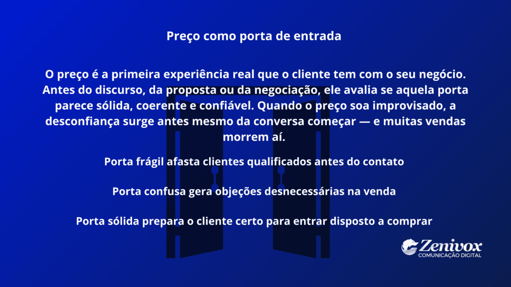 Ilustração conceitual de portas abertas representando a estratégia de preço inteligente como porta de entrada do negócio, mostrando que um preço bem definido gera confiança, reduz objeções e prepara o cliente certo para comprar.