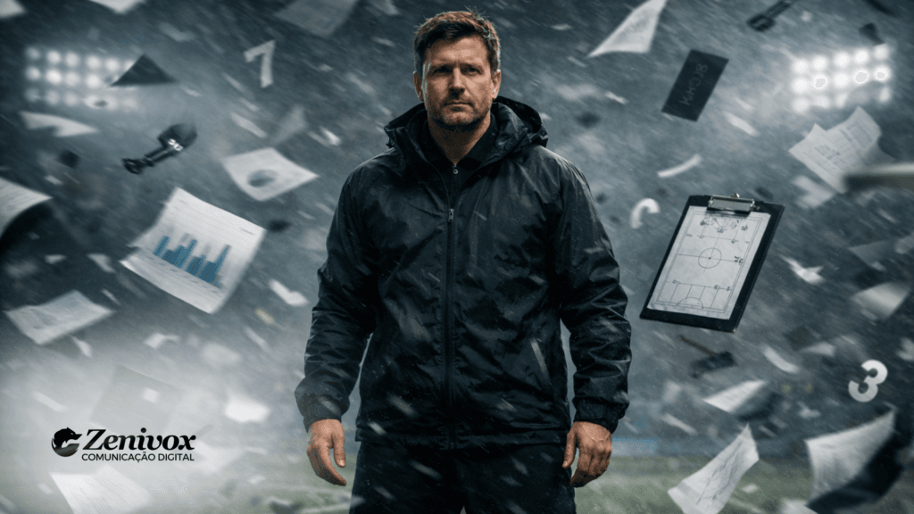Bom líder representado por um técnico de futebol mantendo postura firme em meio ao caos, mostrando como liderança exige clareza, decisão e controle mesmo sob pressão extrema.
