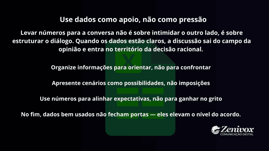 Slide educativo sobre uso de planilha para apoiar negociações, mostrando como dados organizados ajudam a estruturar decisões racionais sem pressão ou confronto.