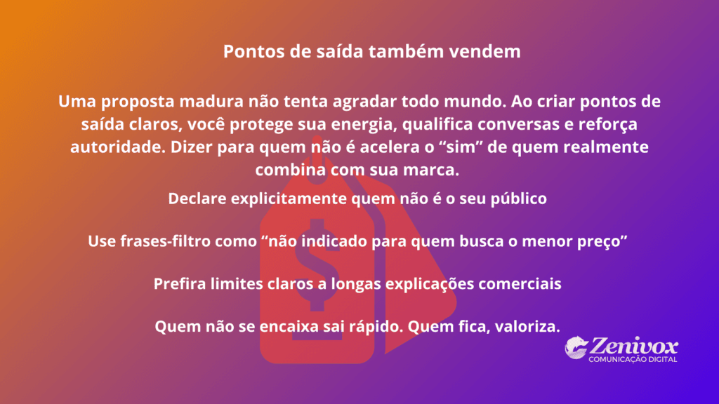 Arte educativa sobre precificação estratégica destacando pontos de saída, limites claros e frases-filtro que qualificam o público, reforçam autoridade da marca e aceleram decisões de compra.