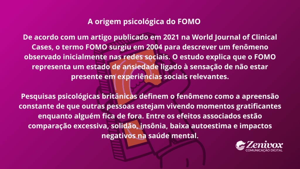Ilustração conceitual sobre FOMO, explicando a origem psicológica do medo de ficar de fora, com texto informativo sobre ansiedade, comparação social e impactos do FOMO na saúde mental.