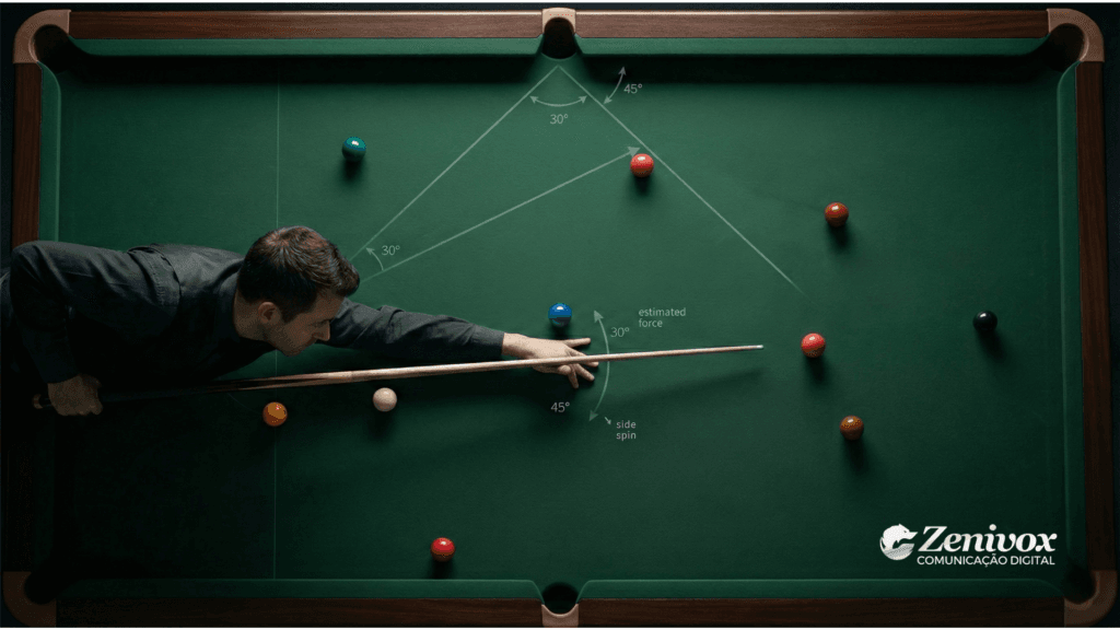 Jogador de sinuca analisando ângulos e força da tacada em uma mesa com linhas de cálculo, representando planejamento comercial estratégico, tomada de decisão racional e definição de prioridades no primeiro trimestre.