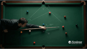 Jogador de sinuca analisando ângulos e força da tacada em uma mesa com linhas de cálculo, representando planejamento comercial estratégico, tomada de decisão racional e definição de prioridades no primeiro trimestre.