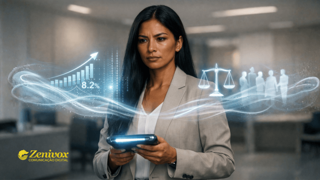 Gestora analisando dados de crescimento, balança de justiça e indicadores sociais em ambiente corporativo digital, representando a análise PESTEL como ferramenta para antecipar mudanças no mercado.