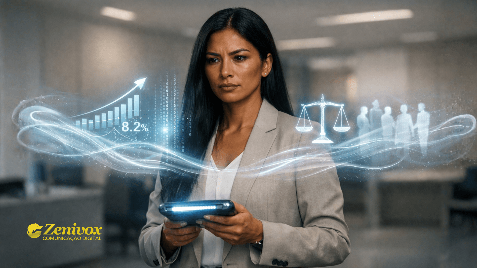 Gestora analisando dados de crescimento, balança de justiça e indicadores sociais em ambiente corporativo digital, representando a análise PESTEL como ferramenta para antecipar mudanças no mercado.