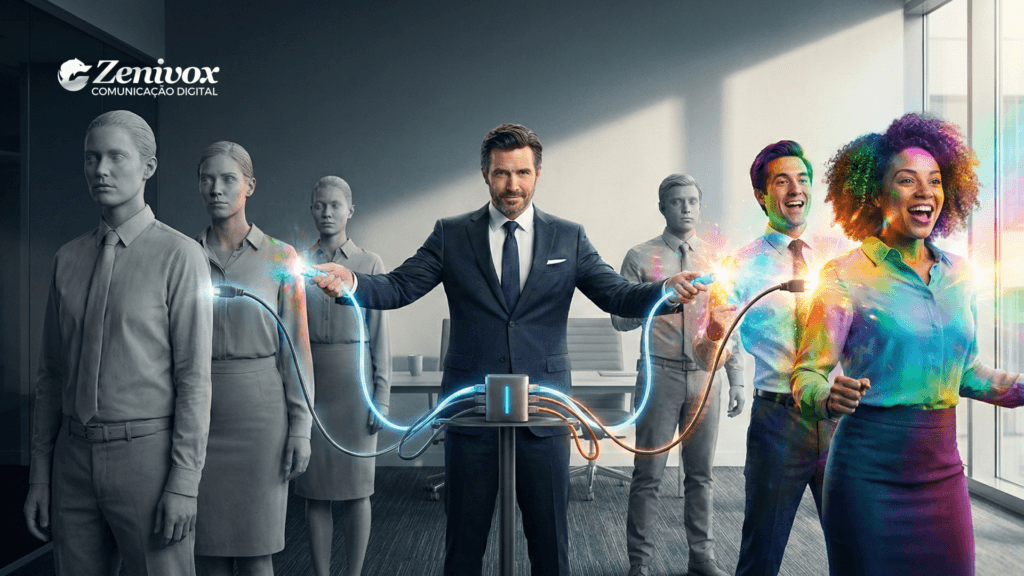 Gerente de terno conectando funcionários “cinzas” a uma fonte de energia, transformando-os em pessoas coloridas e motivadas, simbolizando gerenciamento de pessoas e aumento de engajamento no ambiente corporativo.