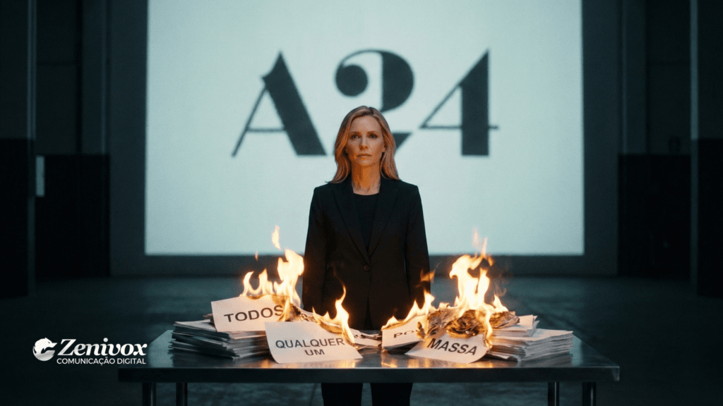 Empresária em frente ao logo do Estúdio A24 queimando pilhas de papéis com os termos “todos”, “qualquer um” e “massa”, simbolizando a decisão estratégica de nichar o público-alvo para gerar clareza e posicionamento.
